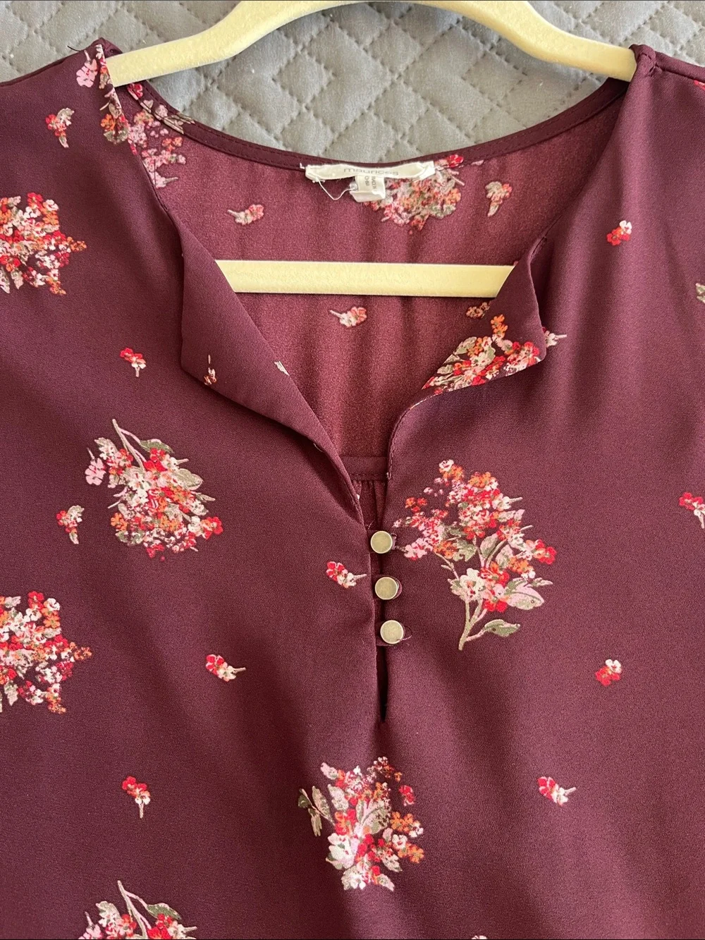 Maurices Burgundy Floral Short-Sleeve Split-Neck Blouse - Picture 3 of 4